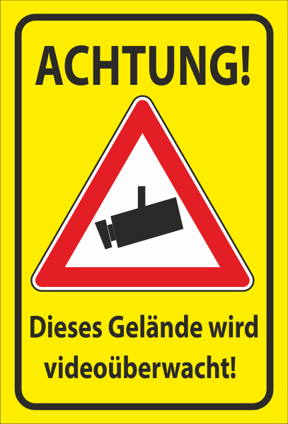 Warnschild Gelb mit dreieckigem Symbol und Text Videoüberwachung des Geländes